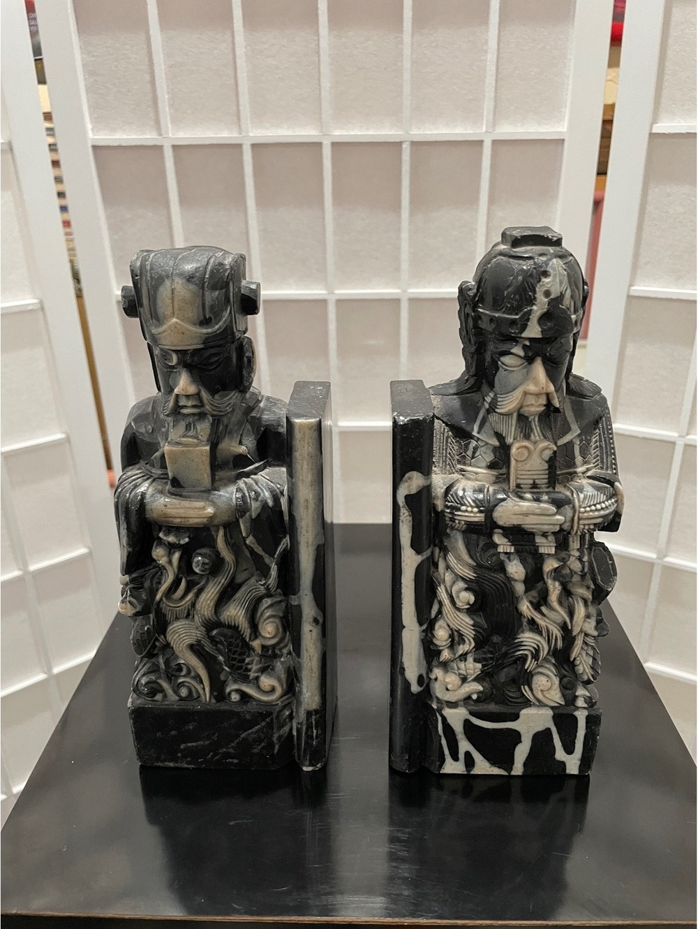 Vintage Black and White Carved Stone Warrior Bookends Set